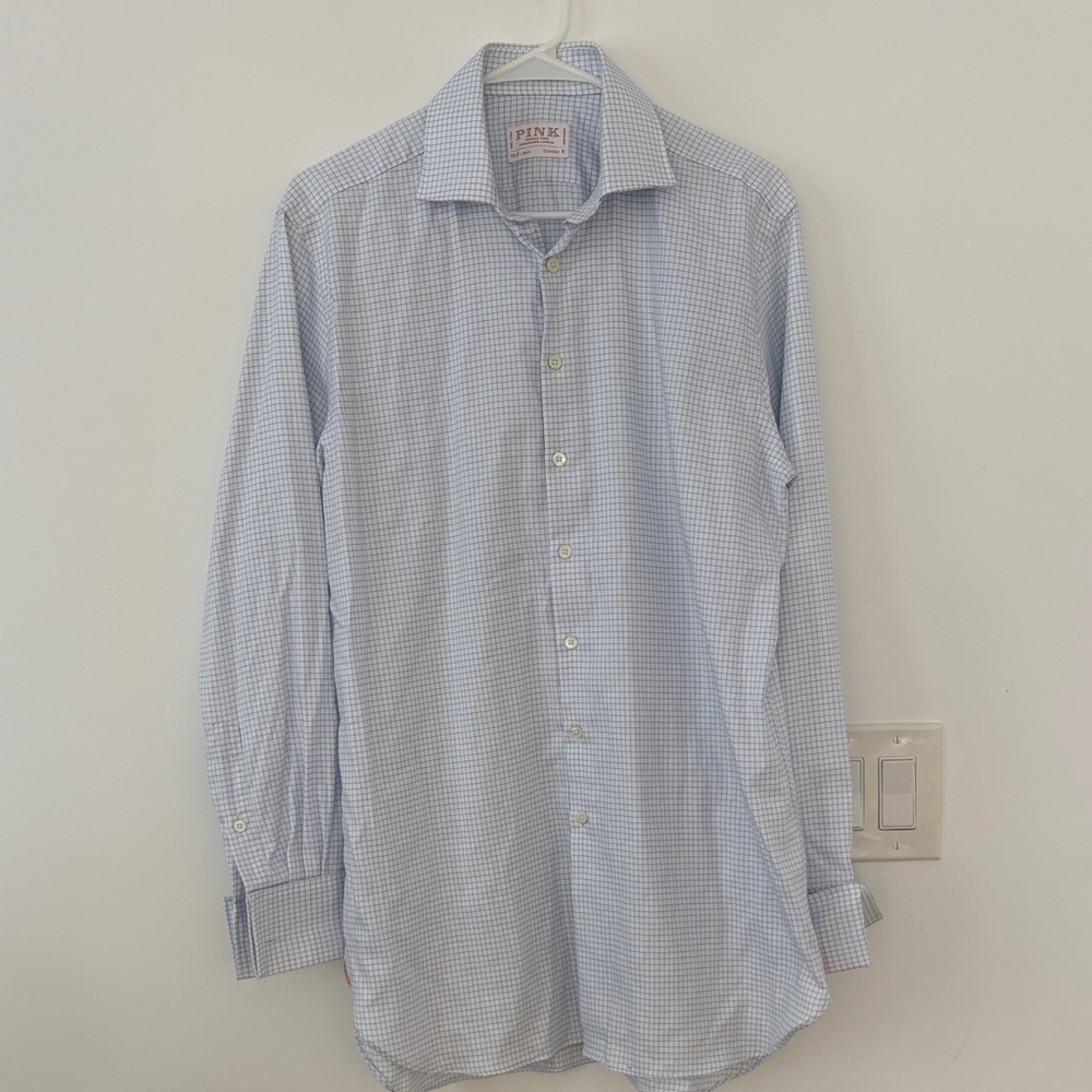Thomas Pink Blue & White Gingham Men's Shirt with Cuffed Sleeves.